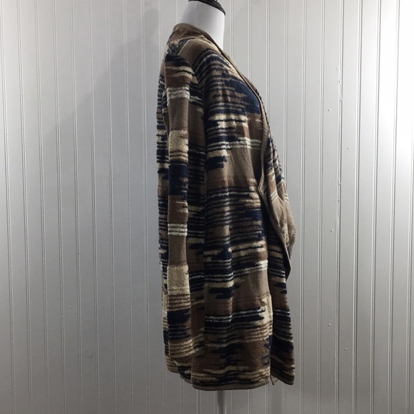 Lucky Brand Tan Blue Aztec Knit Cardigan Sweater Womens Small Drape Front Boho - Picture 2 of 10